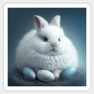 Cute White Fluffy Bunny with Blue Eyes and Easter Eggs Sticker